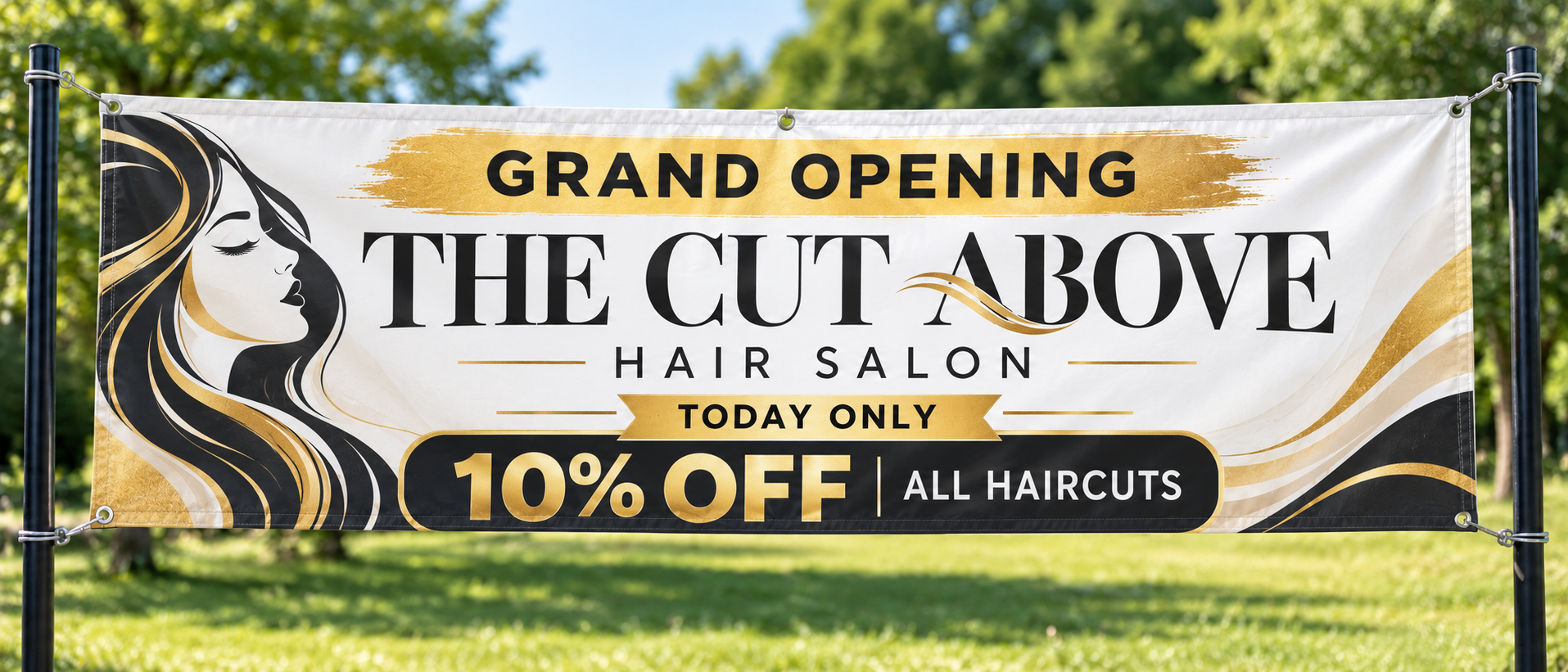 A finished grand opening vinyl banner advertising The Cut Above Hair Salon